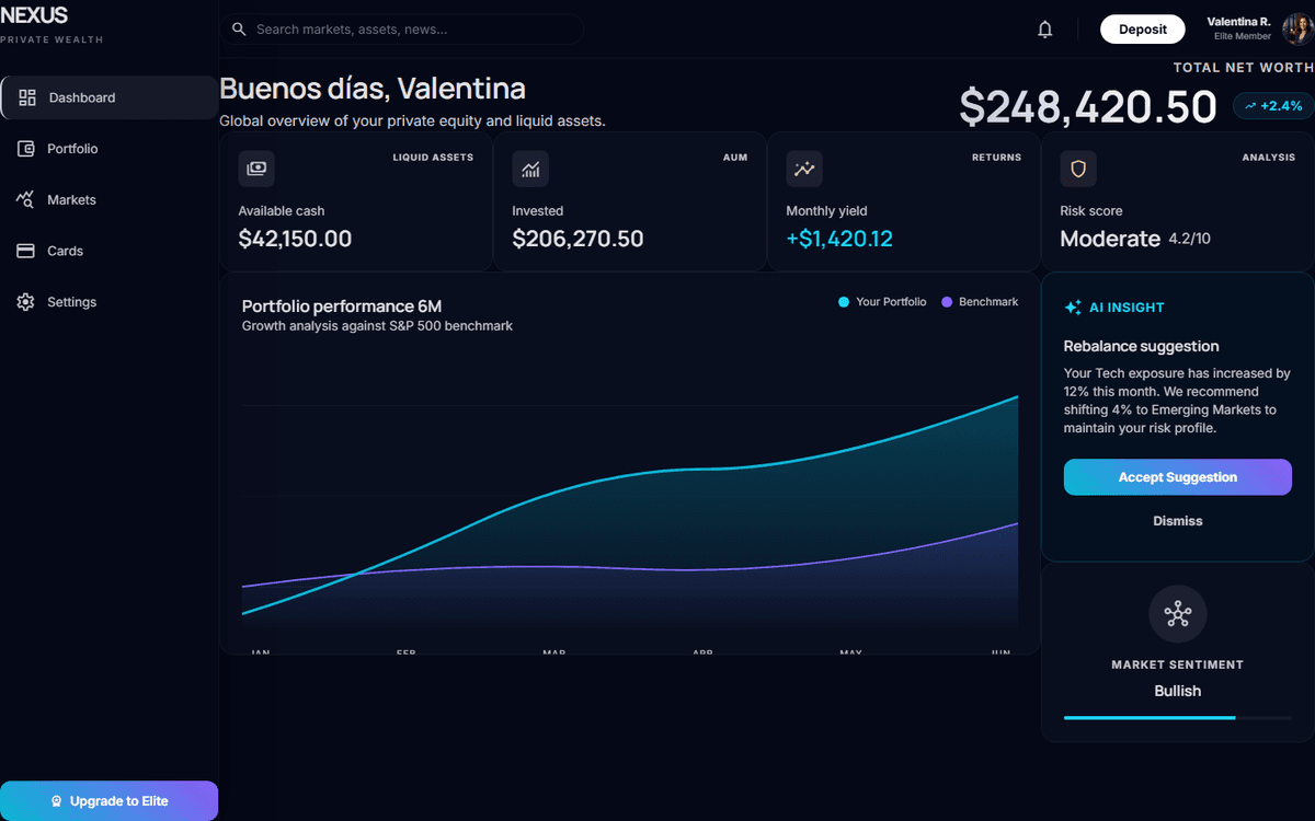 Captura de pantalla del proyecto Nexus Wealth — Fintech por Naumow